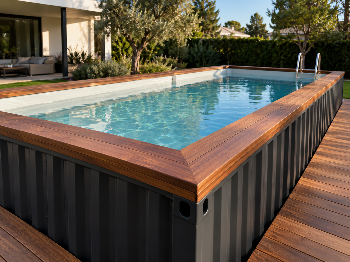 Piscina contenedor 6 metros con coronación y tarima de madera IPE