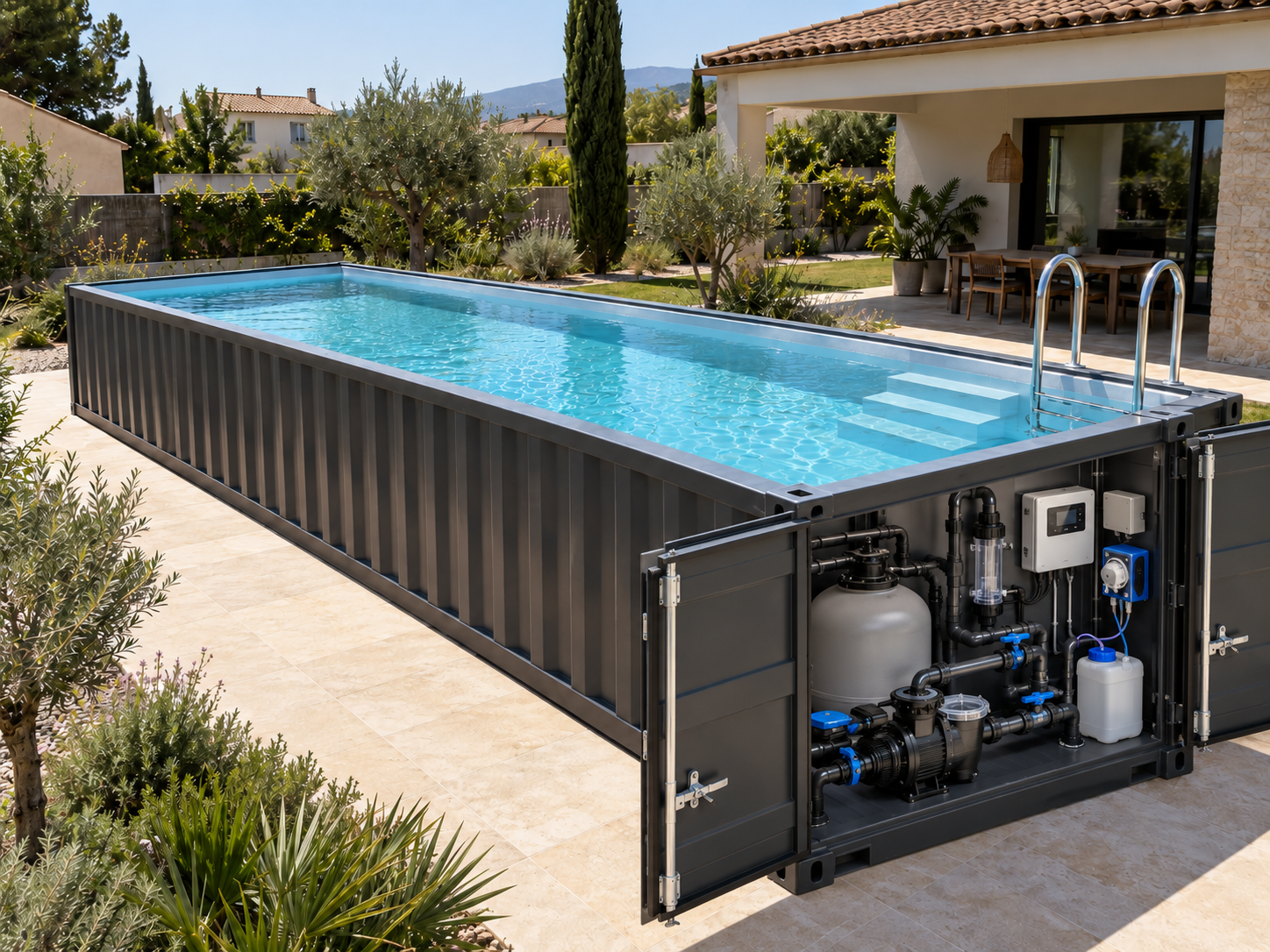 Piscina contenedor con sala técnica integral: Clorador salino + Regulador de pH - miniatura 2